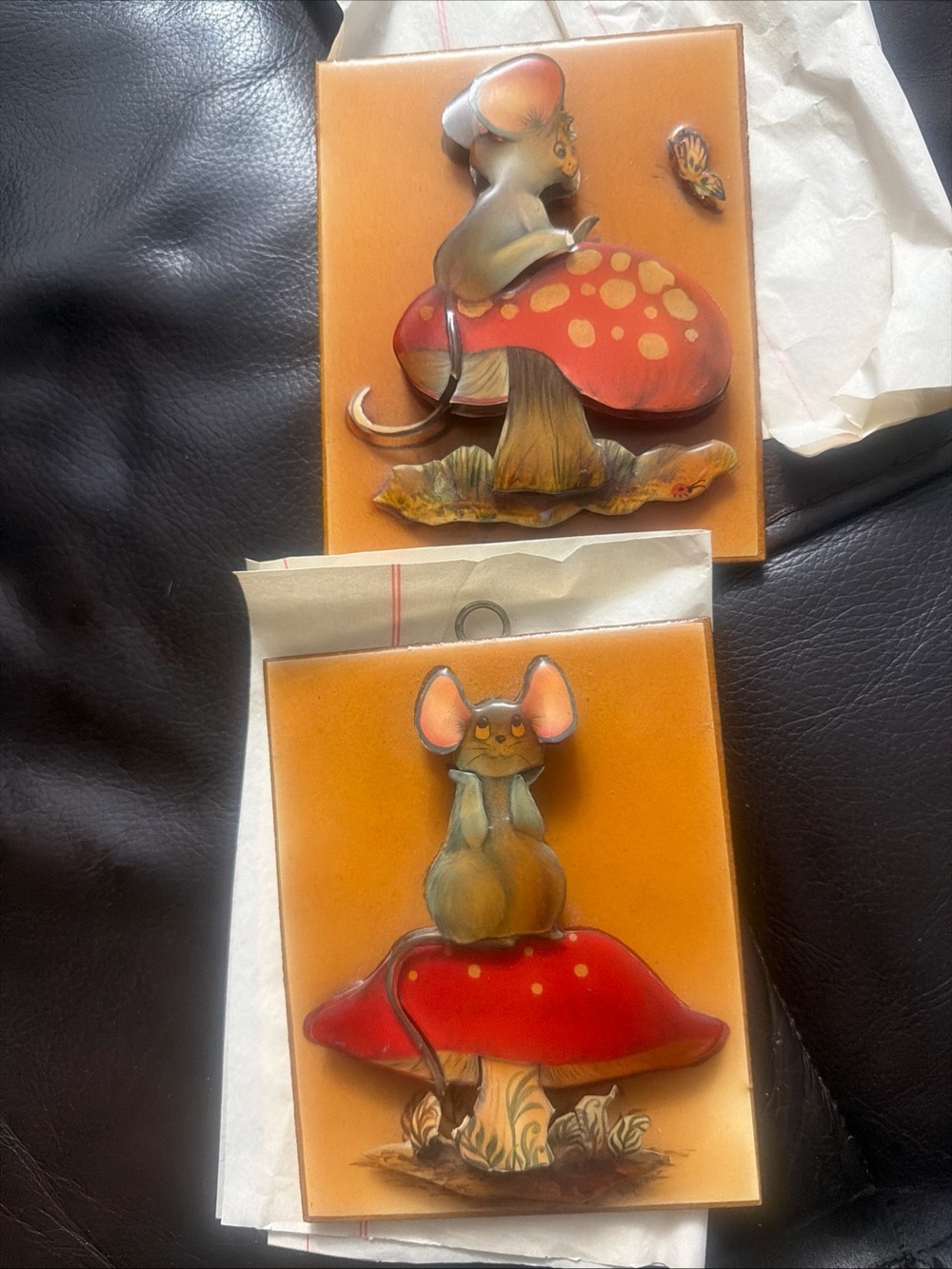 Vintage 1970s small pictures featuring little mice, made of wood and  or metal.